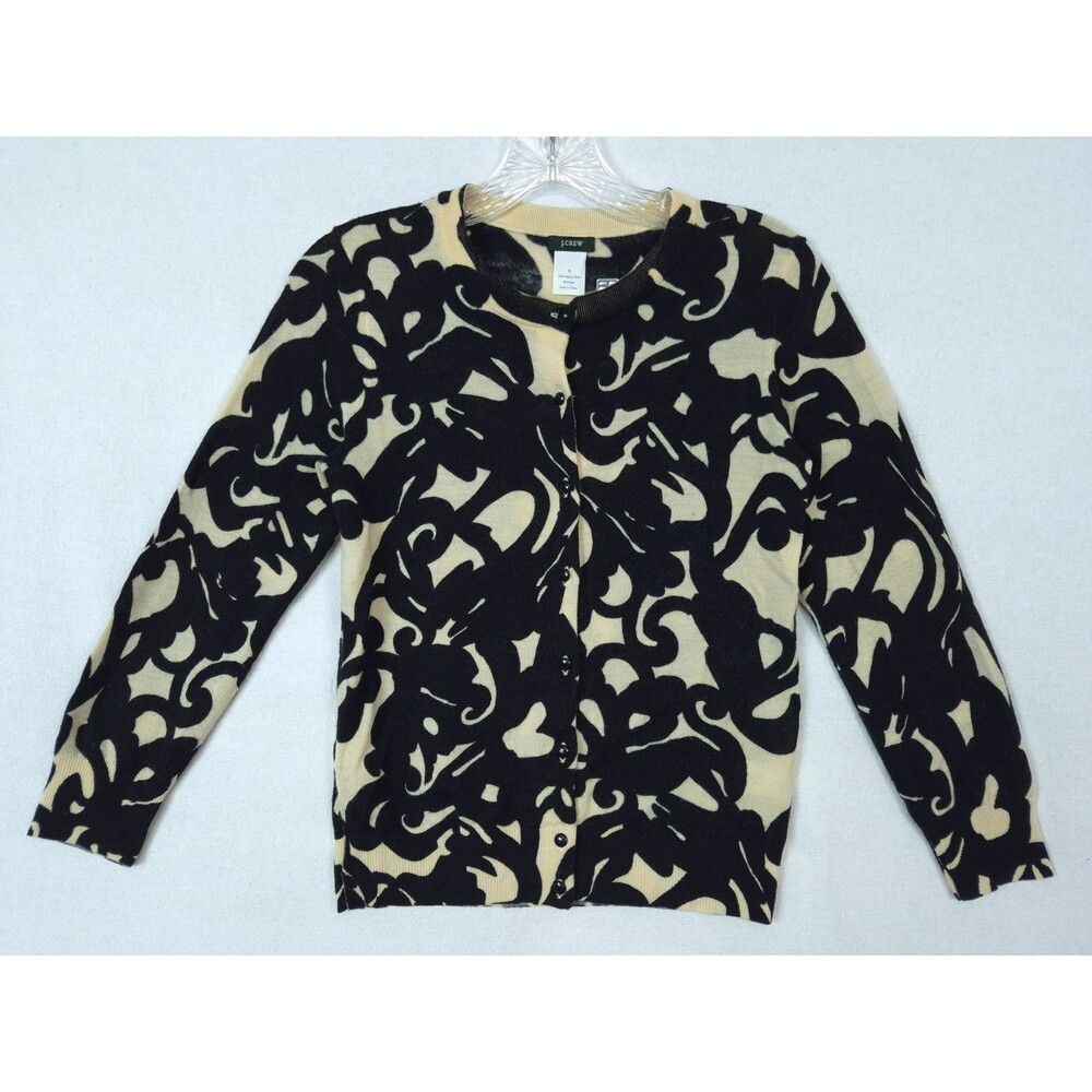 J.Crew Womens S Merino Wool Cardigan Black Cream Button Front Abstract Artsy